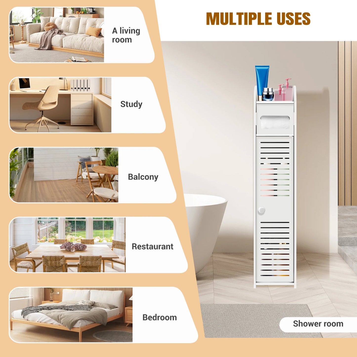 Ksiazkastore - Narrow PVC Bathroom Cabinet with Door and Toilet Paper Holder - Easy Assembly, 80x15x17cm