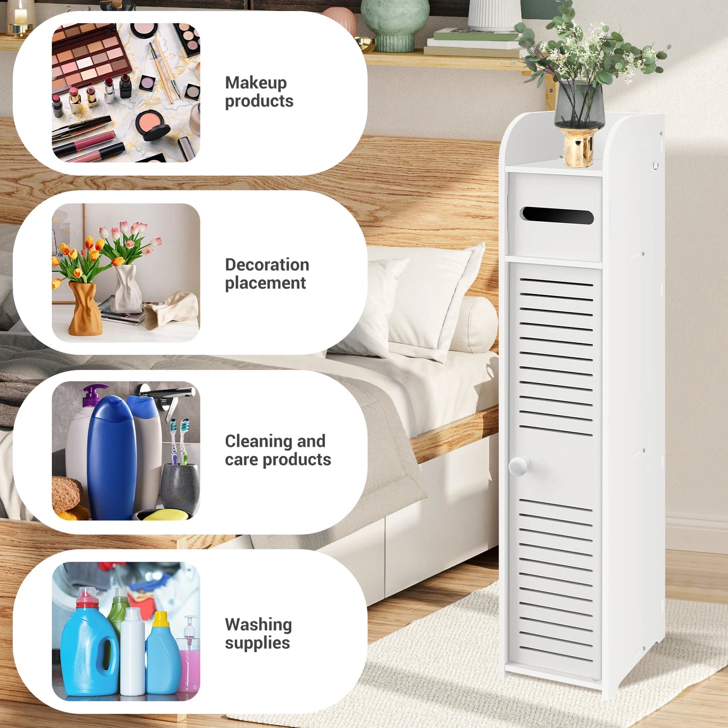 Ksiazkastore - Narrow PVC Bathroom Cabinet with Door and Toilet Paper Holder - Easy Assembly, 80x15x17cm