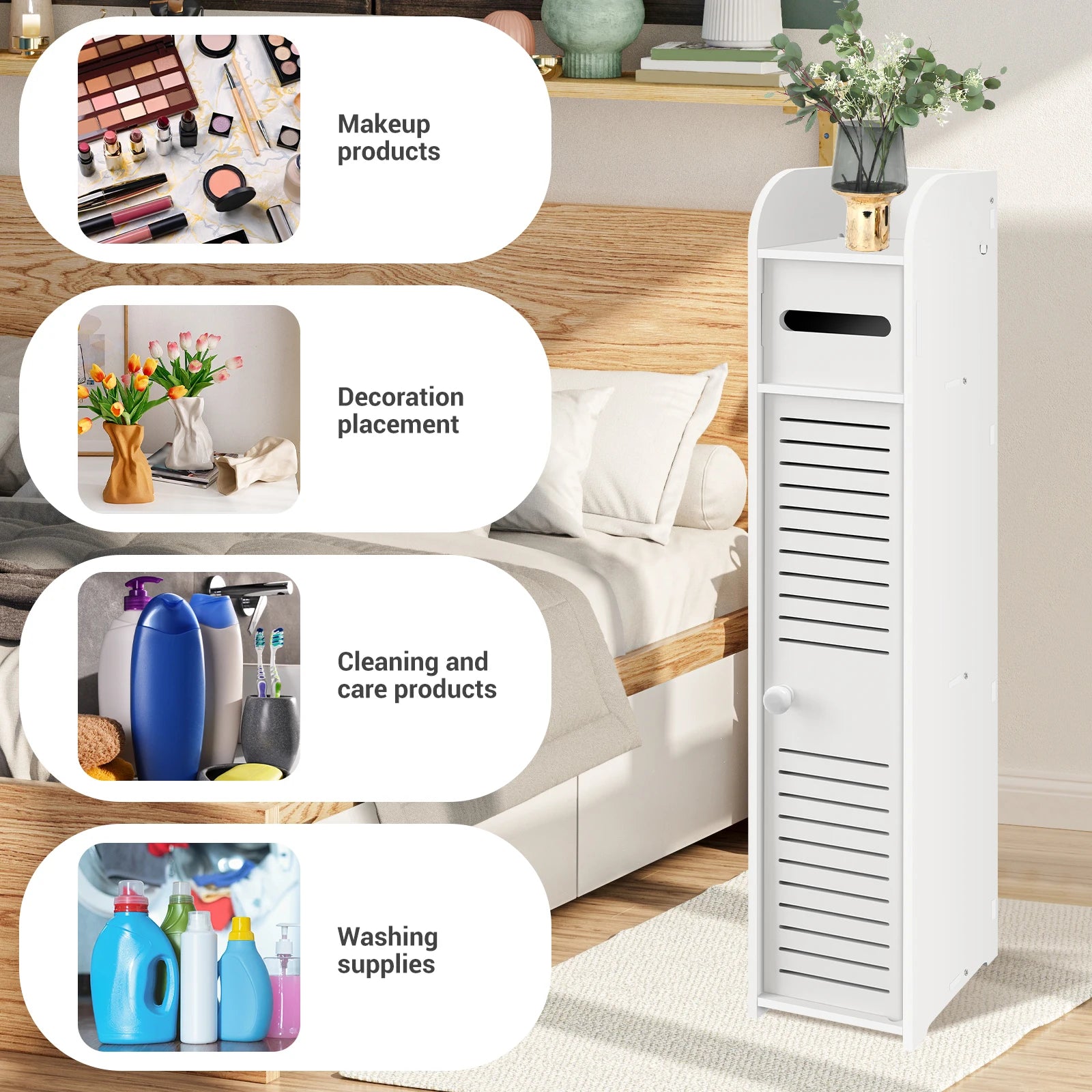 Ksiazkastore - Narrow PVC Bathroom Cabinet with Door and Toilet Paper Holder - Easy Assembly, 80x15x17cm