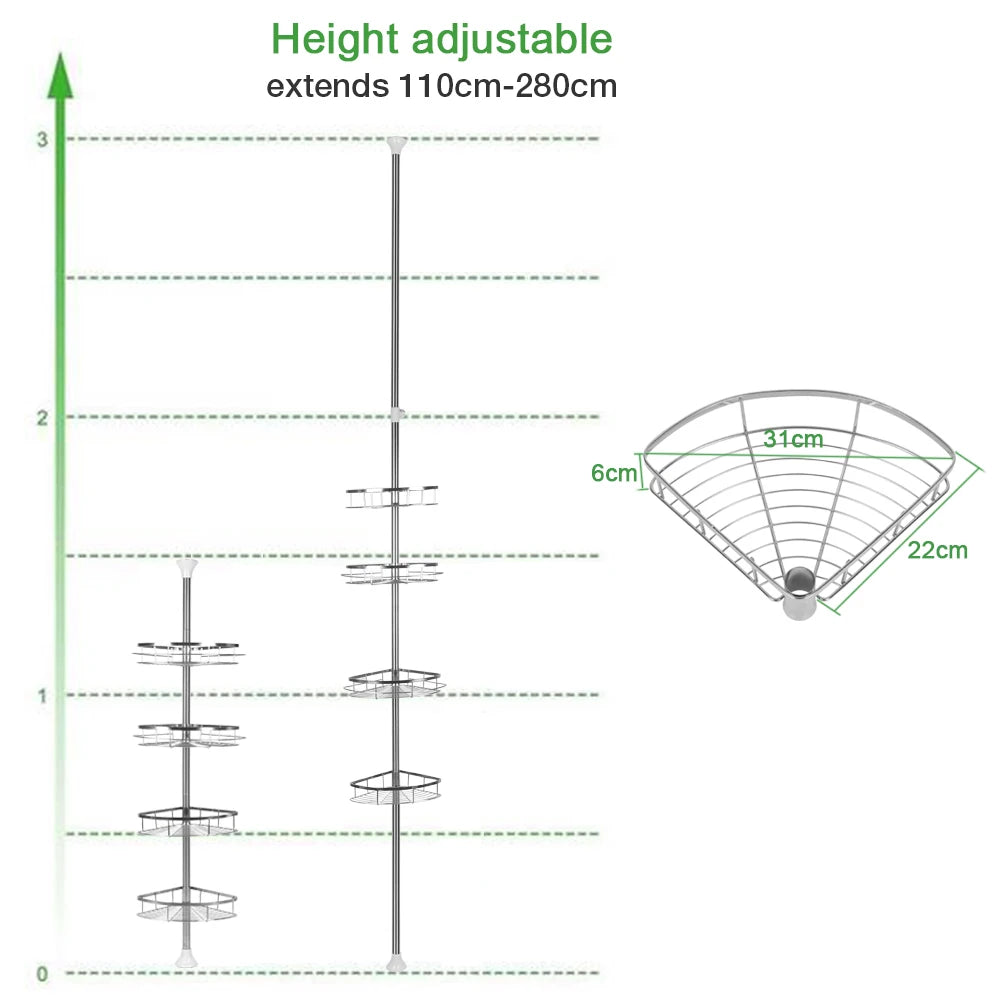 Ksiazkastore Telescopic Stainless Steel Corner Shower Shelf - 4 Tier, Adjustable 110-280cm for Bathroom & Kitchen