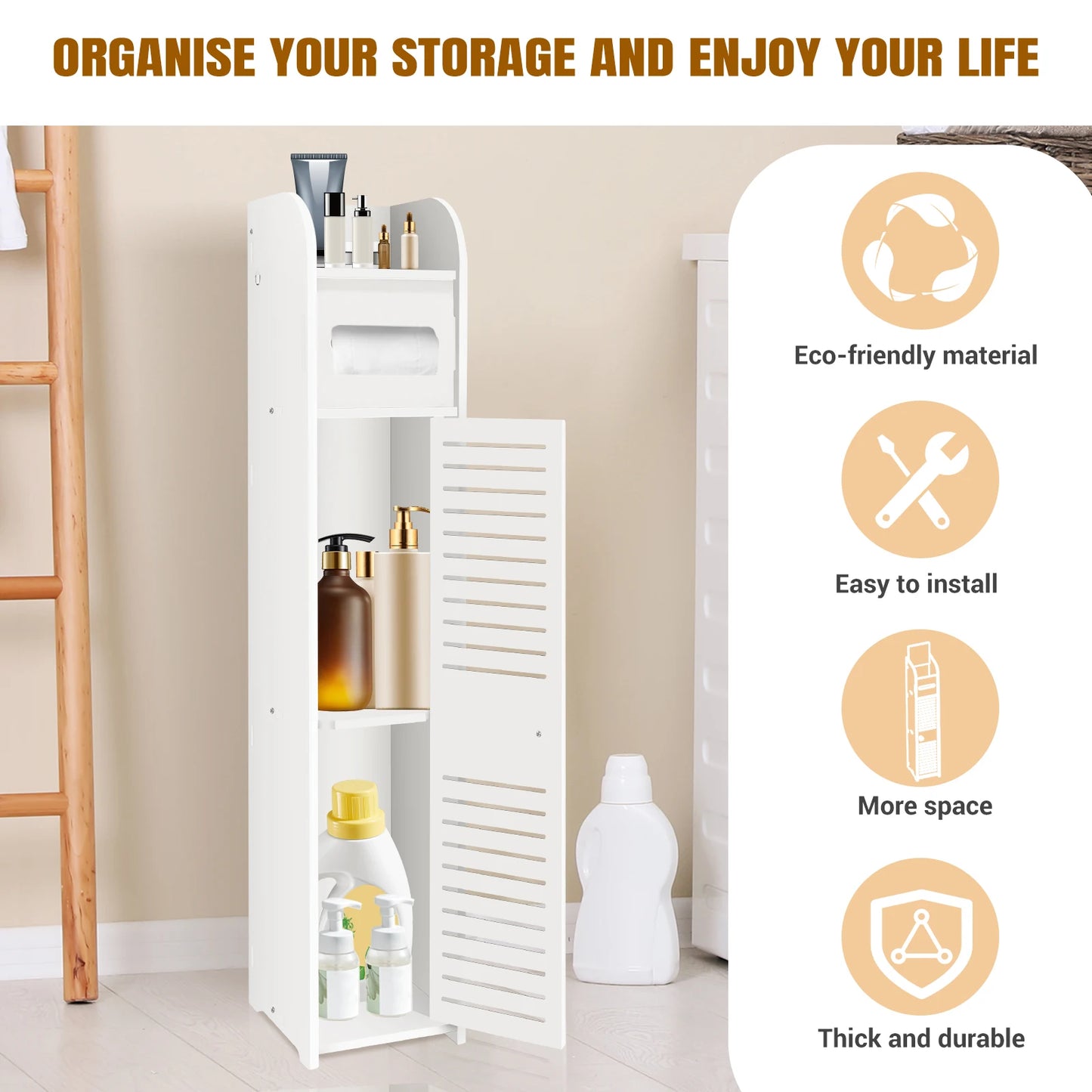 Ksiazkastore - Narrow PVC Bathroom Cabinet with Door and Toilet Paper Holder - Easy Assembly, 80x15x17cm