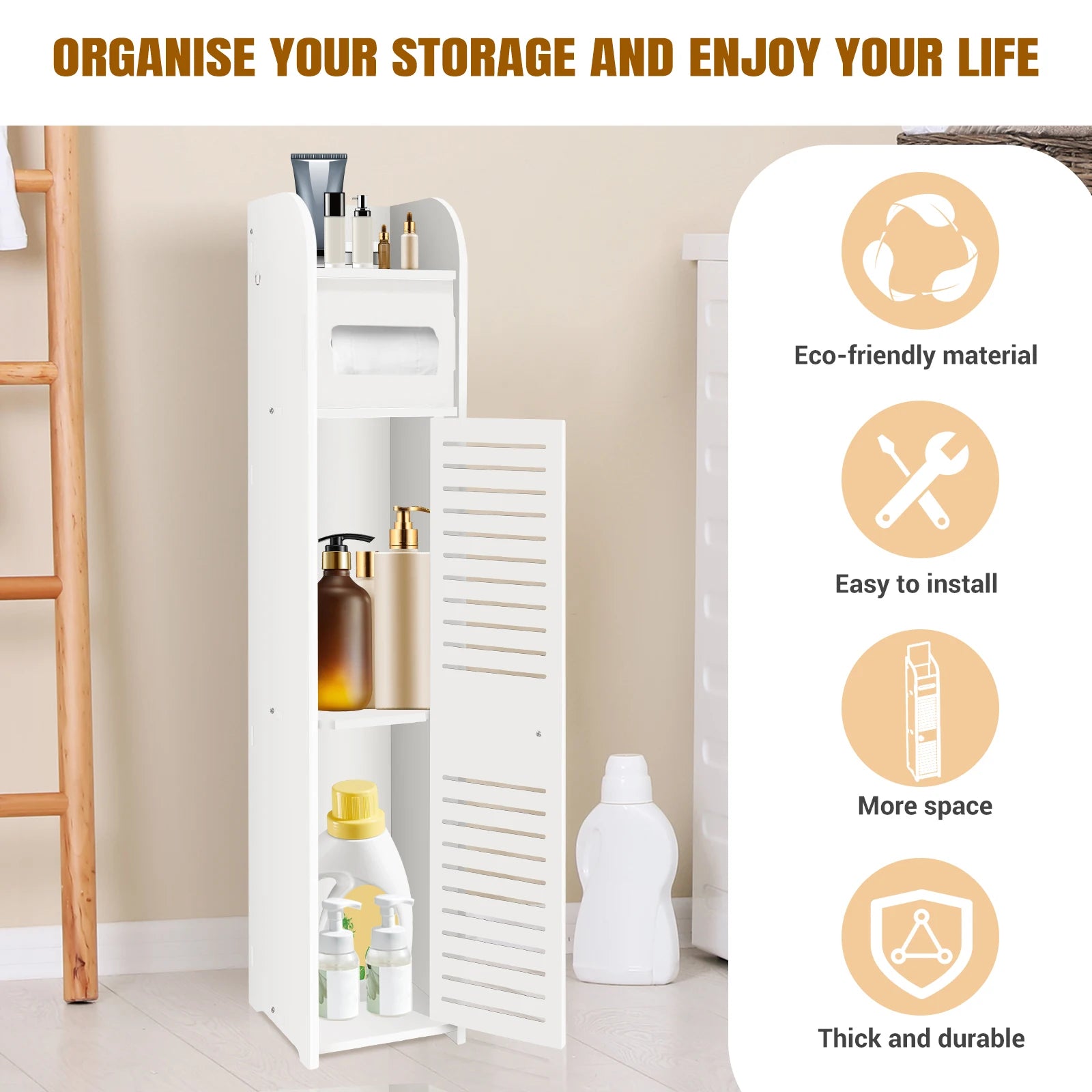 Ksiazkastore - Narrow PVC Bathroom Cabinet with Door and Toilet Paper Holder - Easy Assembly, 80x15x17cm