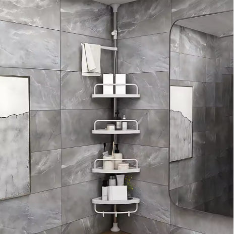 Ksiazkastore Adjustable Corner Shower Shelf - Telescopic Pole with 4 Baskets and Towel Rail (White, 105-310 cm)