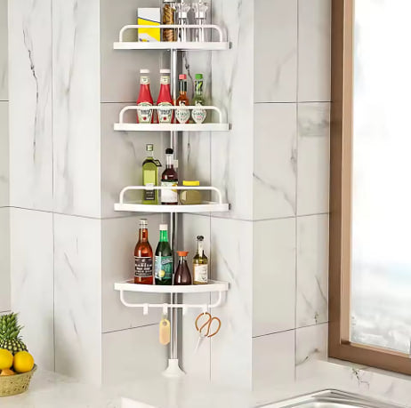 Ksiazkastore Adjustable Corner Shower Shelf - Telescopic Pole with 4 Baskets and Towel Rail (White, 105-310 cm)